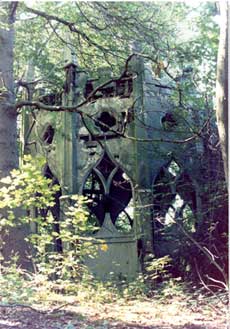 Photograph of the Gothic Temple, Painshill, before restoration. Copyright Painshill Park Trust.