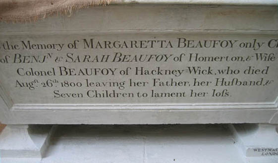 The Beaufoy tomb by Richard Westmacott at the Church of St John’s, Hackney, London. The lettering on the tomb was restored by Gary Churchman in August 2007 and formed the basis for lettering on the recreated Darnley Mausoleum reredos. Photograph by Gary Churchman, August 2007.