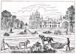 Shanks's Balmoral advertisement, including a donkey-drawn mower on the left, and a horse-drawn mower on the right. Image courtesy of the Garden Museum.