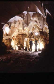 A photograph of the interior of the Grotto at Painshill Park by Fred Holmes, June 2006. The picture shows the new stalactites of lath and plaster on a frame of green oak. Copyright Fred Holmes.