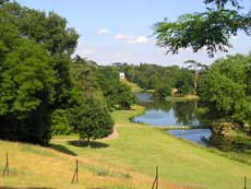 A view of Painshill, photographed by Sarah Jackson in 2006, with the lake on the right, and the Turkish Tent in the distance.