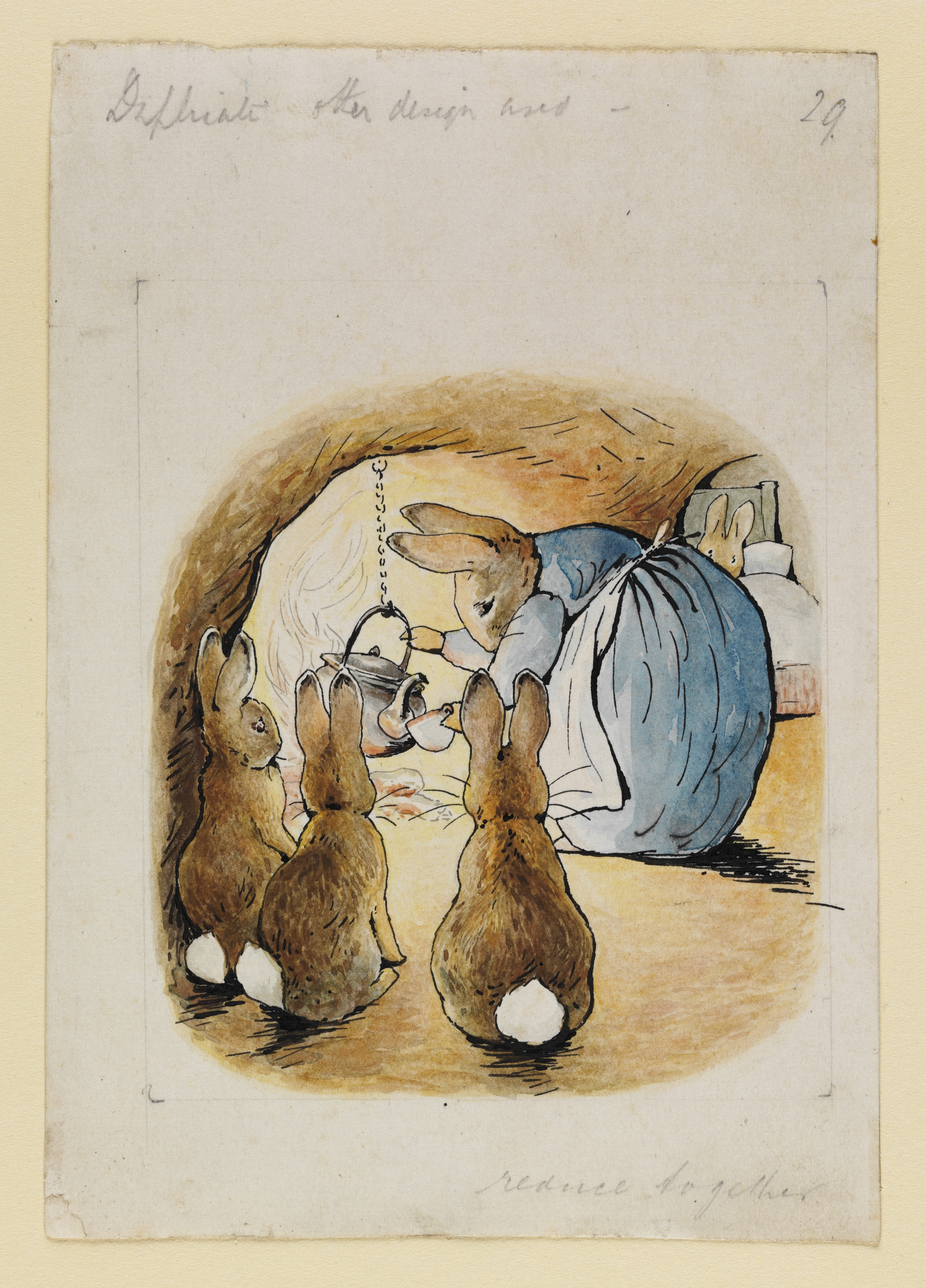 Mrs Rabbit pouring tea for Peter for The tale of Peter Rabbit by Beatrix Potter, 1902. © Victoria and Albert Museum, London, courtesy Frederick Warne & Co Ltd